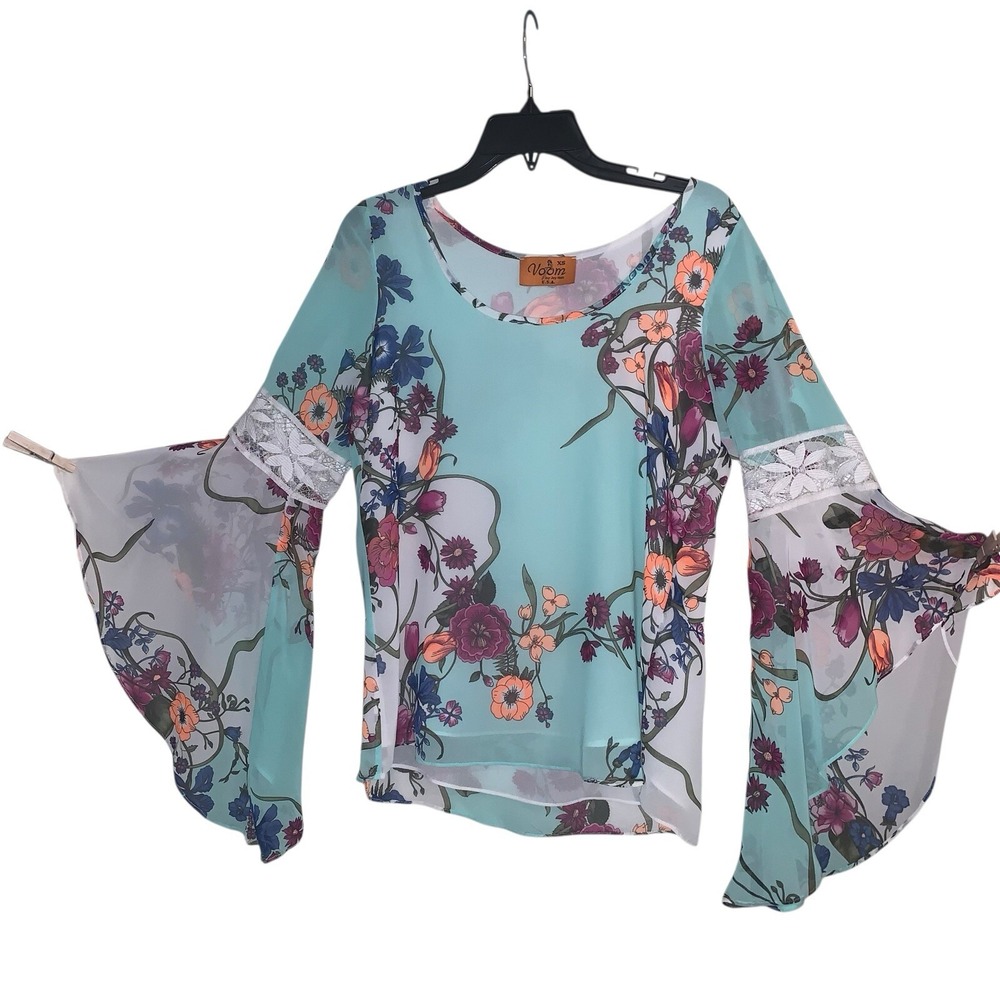 Voom By Joy Han Top Blouse Crocheted Bell Sleeves Floral Aqua Lined Boho FairyXS